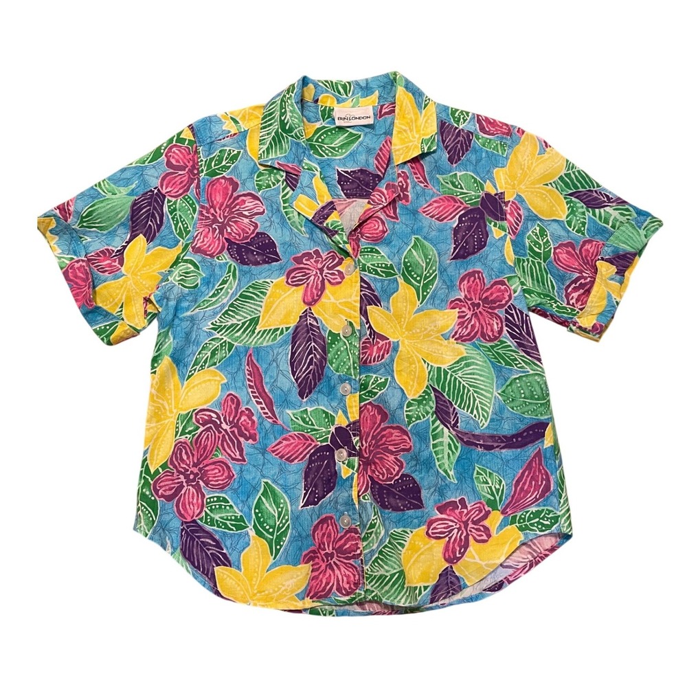 Vintage Shirt Cotton Tropical Floral Button Up Short Sleeve Medium Petite